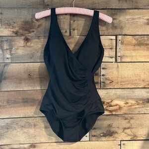 Jantzen black one-piece faux wrap swimsuit with ruched front - 8